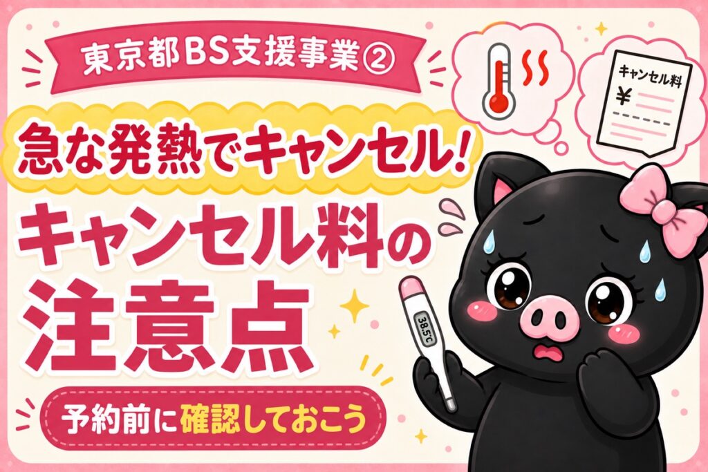東京都BS支援事業で子どもの急な発熱時のキャンセル料を確認する、ぶらぴまむキャラのサムネイル